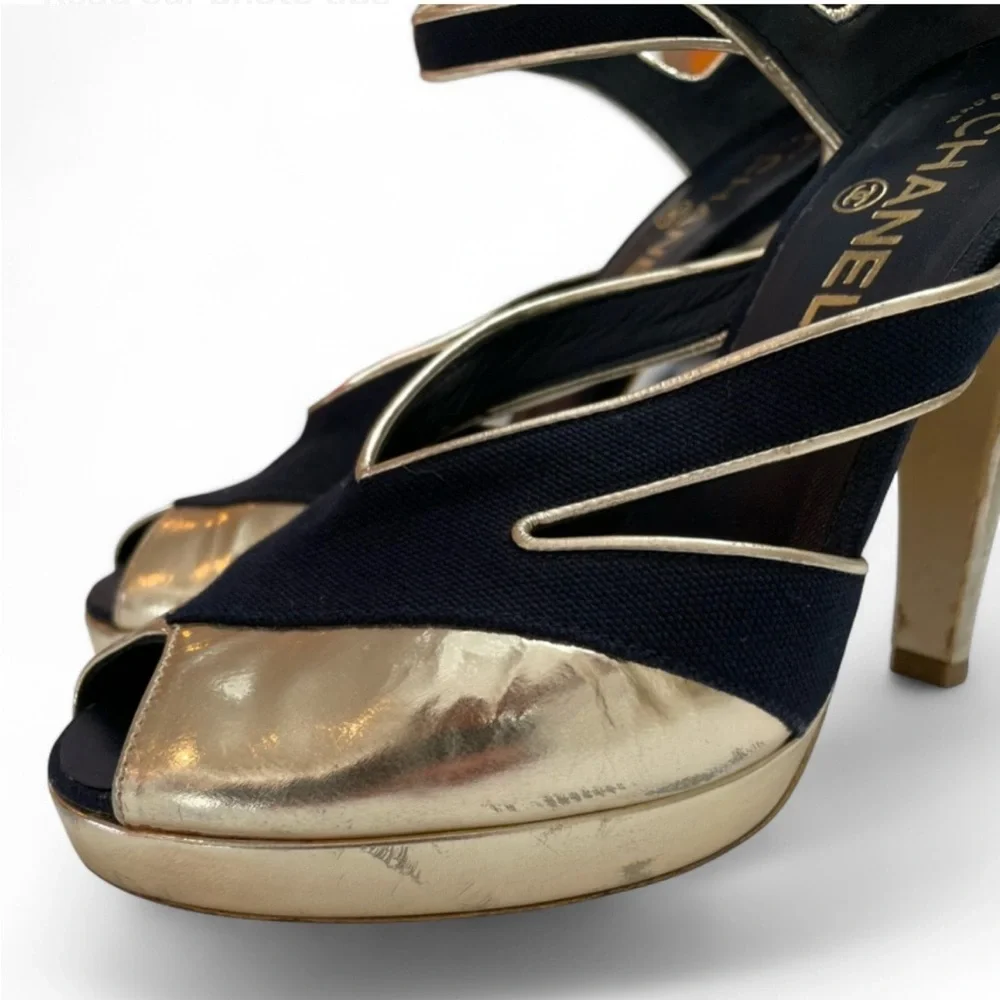 Chanel Gold Leather & Navy Peep-Toe Heels Size 7.5